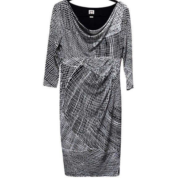 Anne Klein Size 6 Black & White Abstract Print Sheath Dress With Draped Neckline - Picture 1 of 8